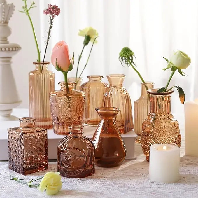 Vintage Amber Glass Bud Vases – Boho-Chic Set of 20